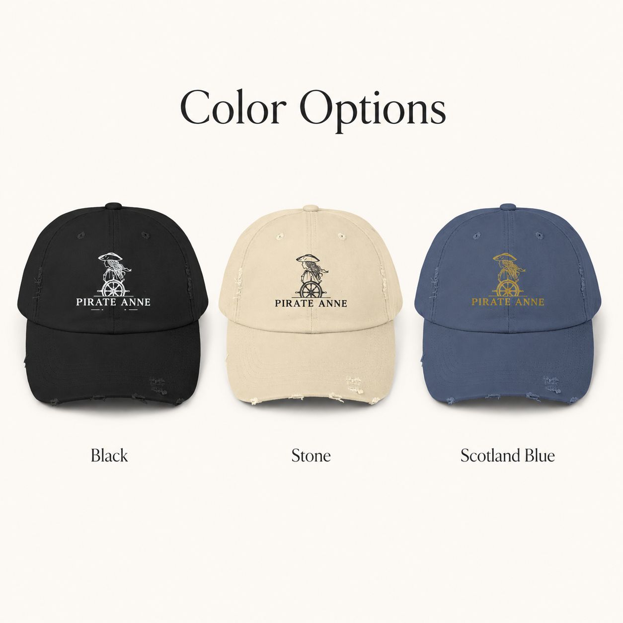 Pirate Anne Signature Distressed Cotton Cap – Black, Stone or Scotland Blue