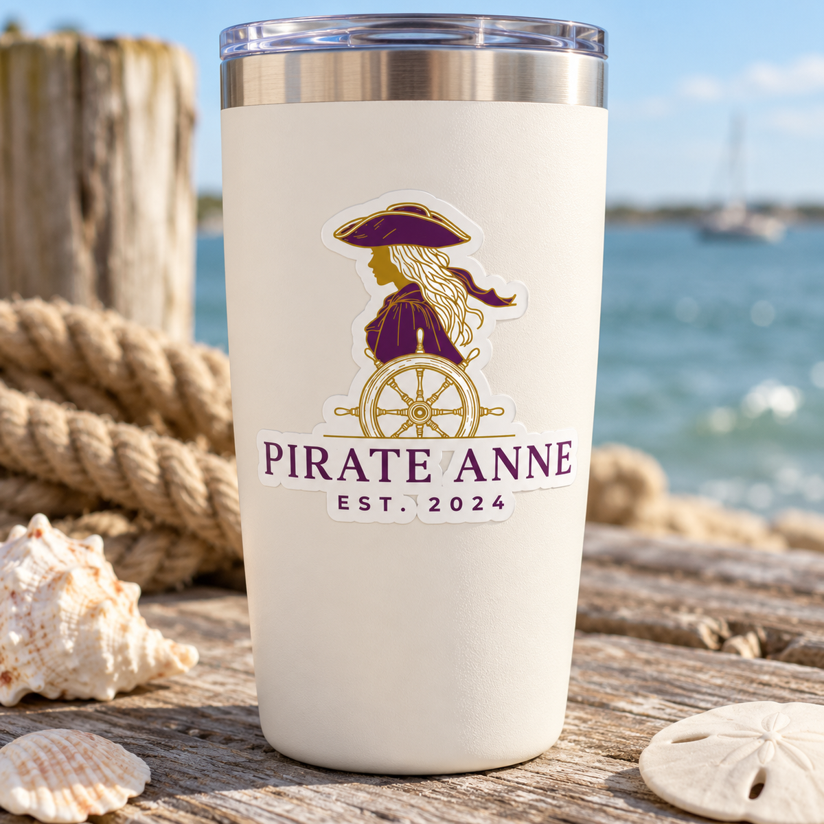 Pirate Anne Purple & Gold Kiss-Cut Sticker | Coastal Pirate Woman Decal | Nautical Laptop, Tumbler & Notebook Sticker