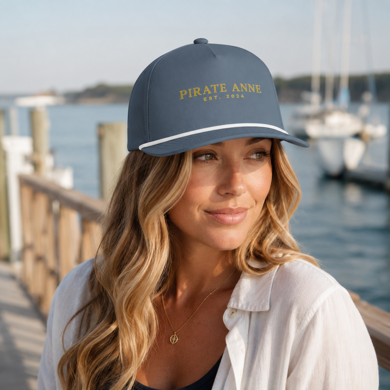 Pirate Anne Rope Cap | Beach Snapback Hat - Cream, Black & Blue