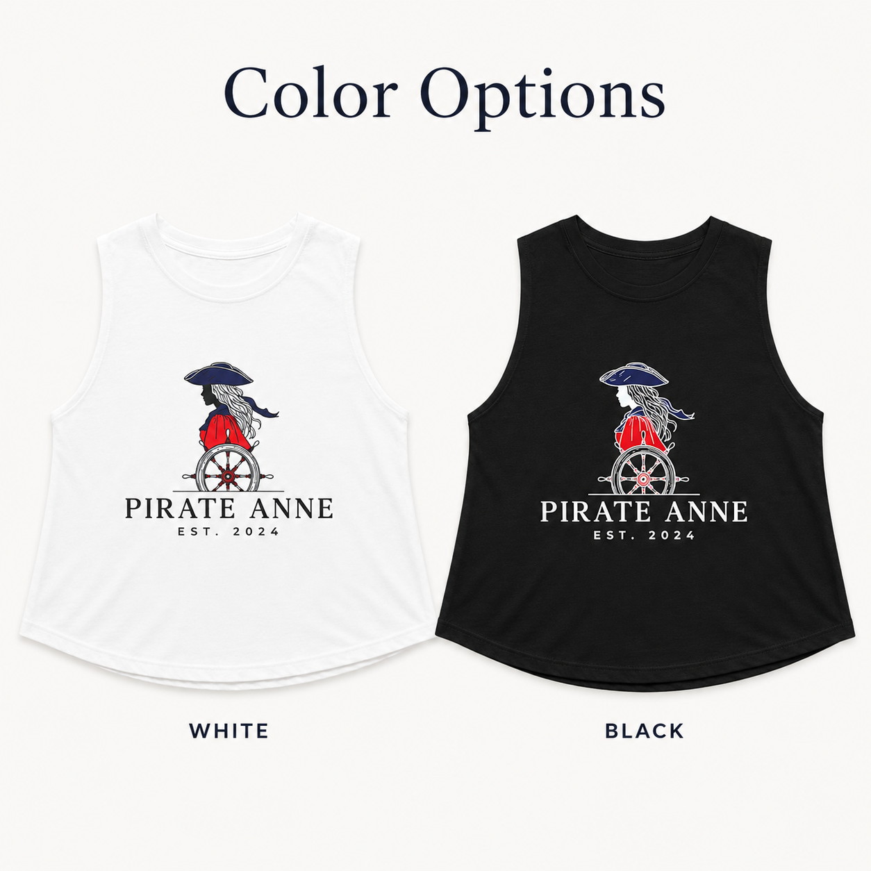 Pirate Anne Signature Logo Cropped Muscle Tank – Red, White & Blue Graphic | Black or White