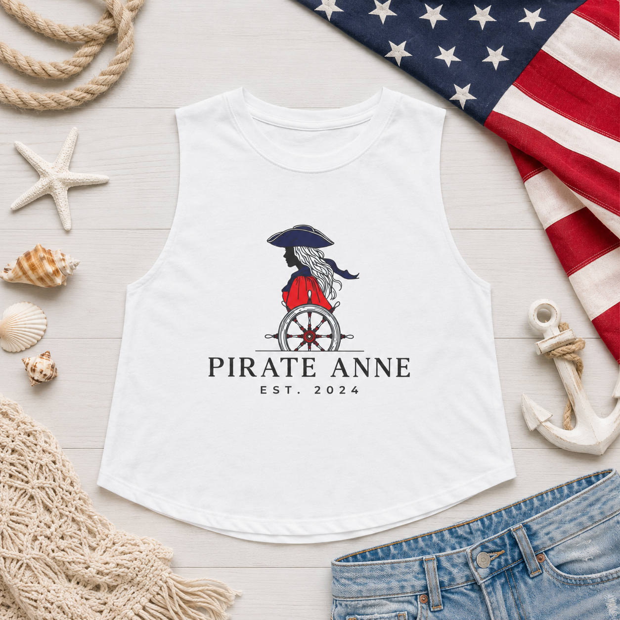 Pirate Anne Signature Logo Cropped Muscle Tank – Red, White & Blue Graphic | Black or White