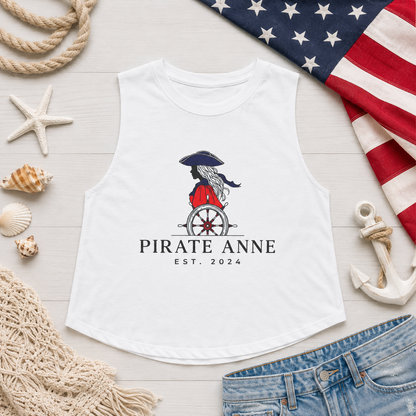 Pirate Anne Signature Logo Cropped Muscle Tank – Red, White & Blue Graphic | Black or White