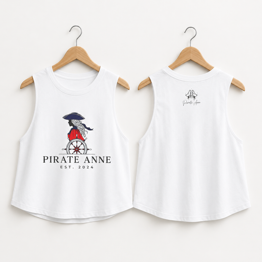 Pirate Anne Signature Logo Cropped Muscle Tank – Red, White & Blue Graphic | Black or White
