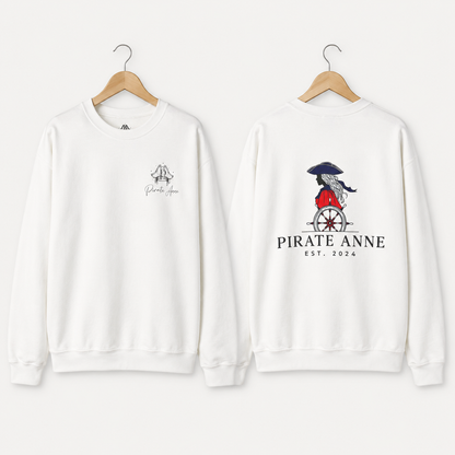 Pirate Anne Red, White & Blue Logo Crewneck Sweatshirt – Nautical Back Graphic | White or Sport Grey