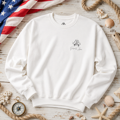 Pirate Anne Red, White & Blue Logo Crewneck Sweatshirt – Nautical Back Graphic | White or Sport Grey