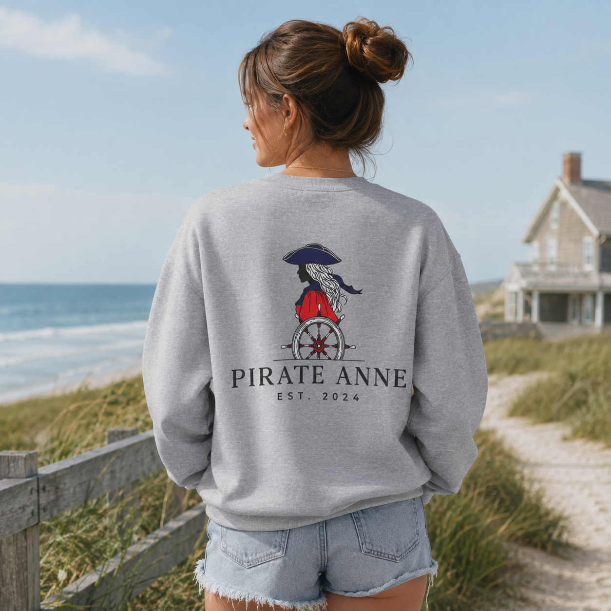 Pirate Anne Red, White & Blue Logo Crewneck Sweatshirt – Nautical Back Graphic | White or Sport Grey