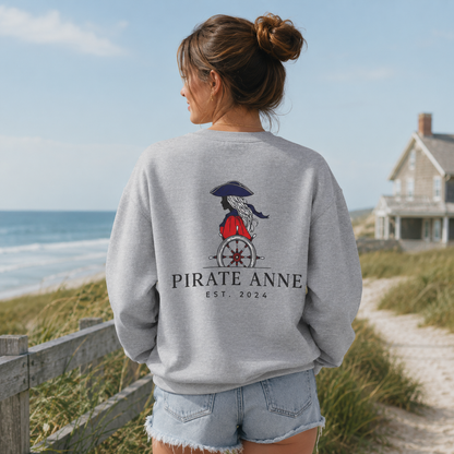 Pirate Anne Red, White & Blue Logo Crewneck Sweatshirt – Nautical Back Graphic | White or Sport Grey