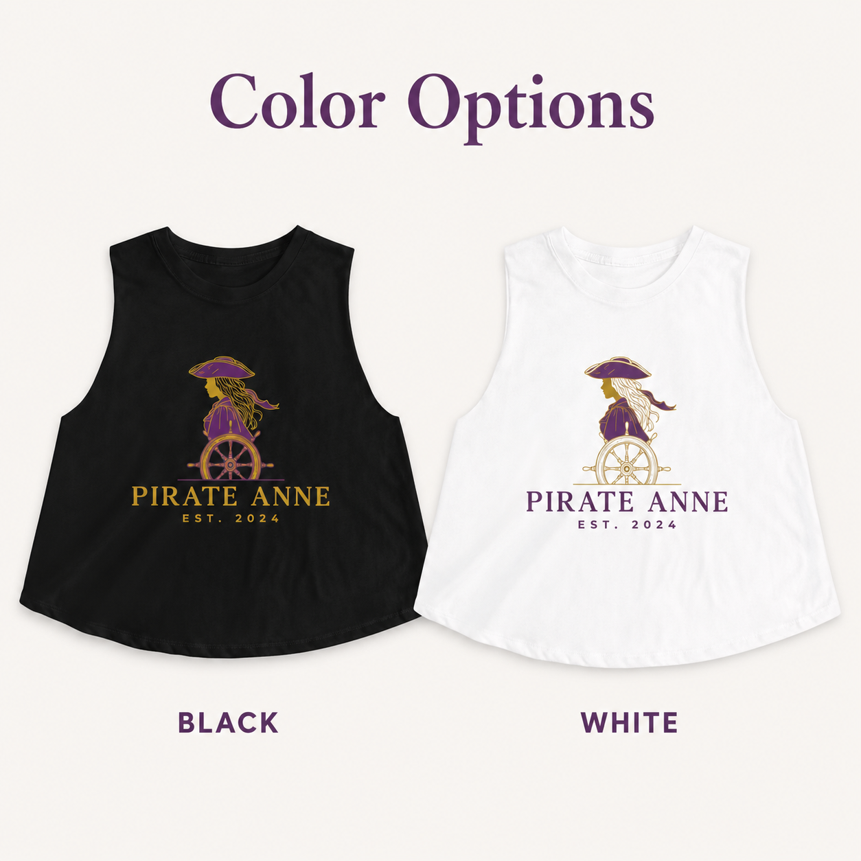 Pirate Anne Signature Logo Cropped Muscle Tank – Purple & Gold | Black or White