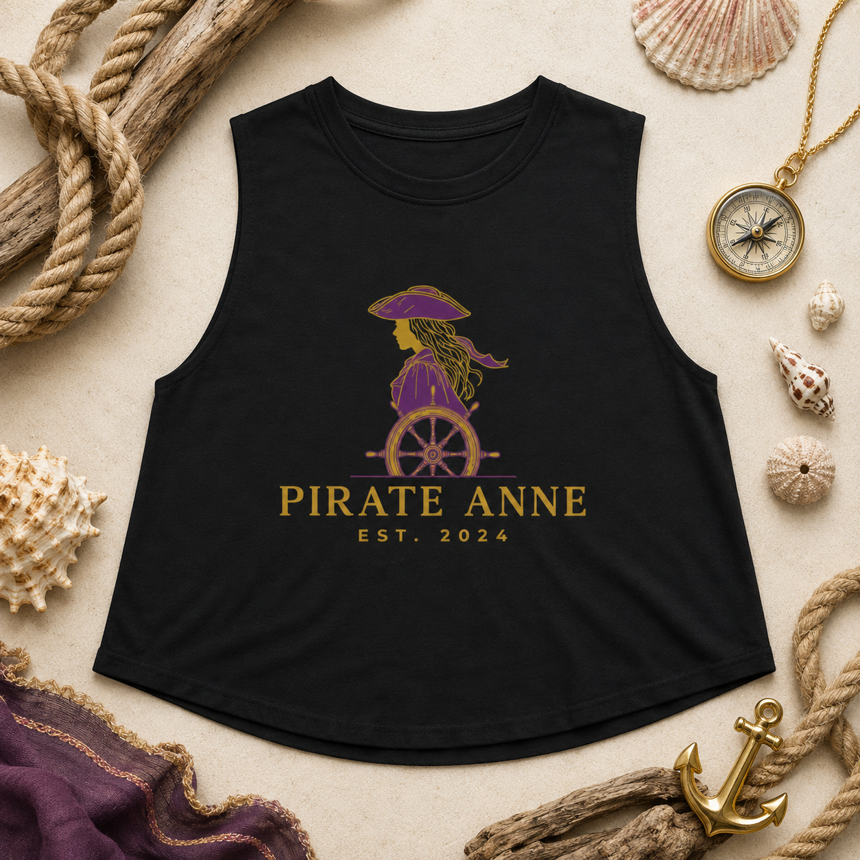 Pirate Anne Signature Logo Cropped Muscle Tank – Purple & Gold | Black or White