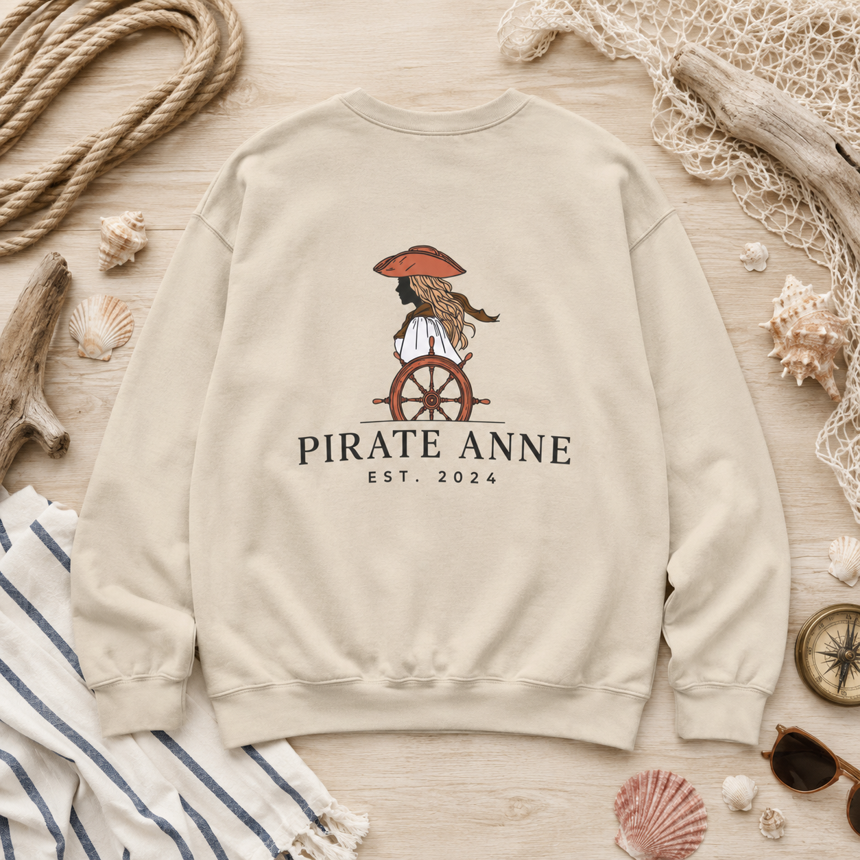 Pirate Anne Signature Logo Crewneck Sweatshirt – Nautical Back Graphic | Sand or Dark Heather Grey