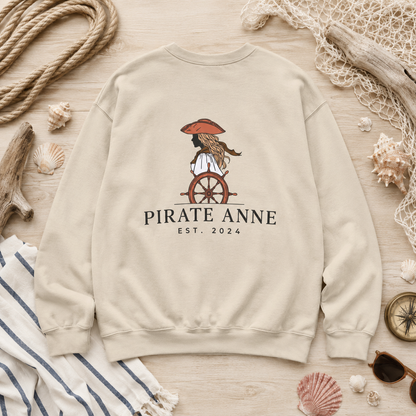 Pirate Anne Signature Logo Crewneck Sweatshirt – Nautical Back Graphic | Sand or Dark Heather Grey