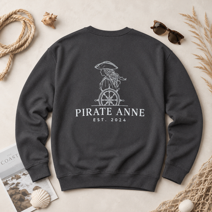 Pirate Anne Signature Logo Crewneck Sweatshirt – Nautical Back Graphic | Sand or Dark Heather Grey