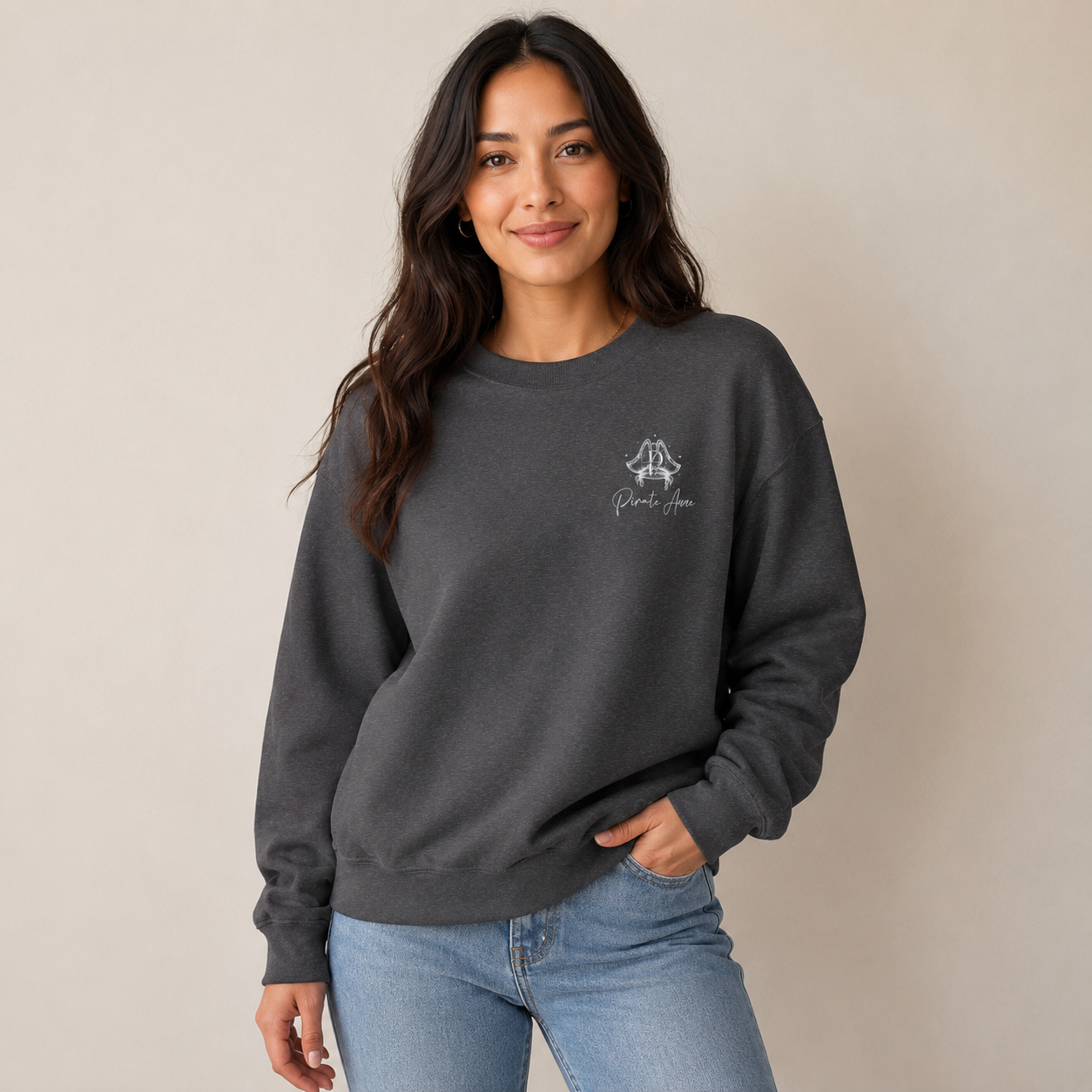 Pirate Anne Signature Logo Crewneck Sweatshirt – Nautical Back Graphic | Sand or Dark Heather Grey