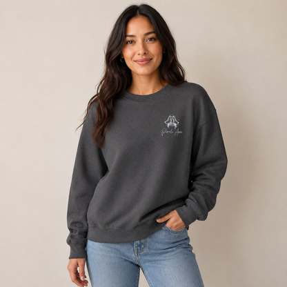 Pirate Anne Signature Logo Crewneck Sweatshirt – Nautical Back Graphic | Sand or Dark Heather Grey