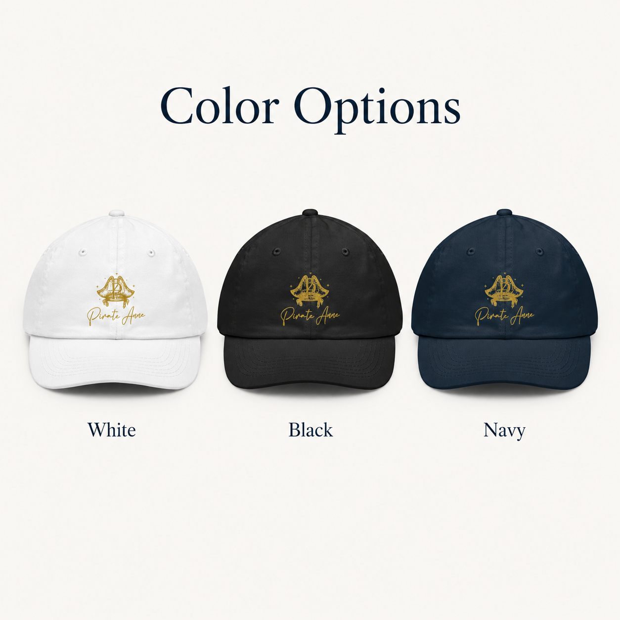 Pirate Anne Gold Logo Baseball Cap – Nautical Coastal Hat | White, Black or Navy