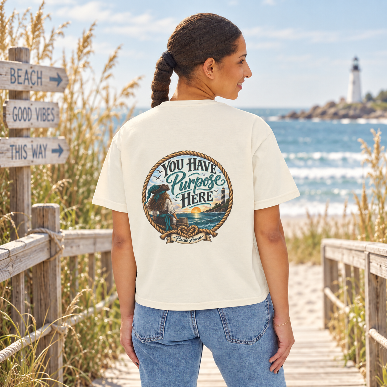 You Have Purpose Here Pirate Anne Boxy Tee | Suicide Prevention Awareness Shirt | Coastal Women’s Graphic Tee | Front & Back Design