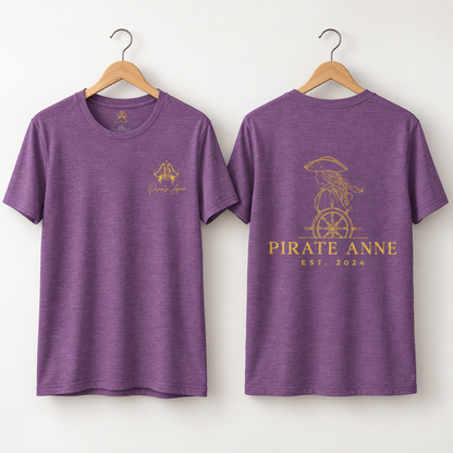 Pirate Anne Signature Logo T-Shirt – Front & Back Print; Purple & Gold
