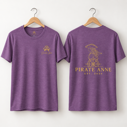 Pirate Anne Signature Logo T-Shirt – Front & Back Print; Purple & Gold
