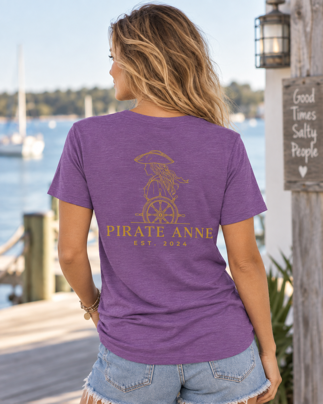 Pirate Anne Signature Logo T-Shirt – Front & Back Print; Purple & Gold