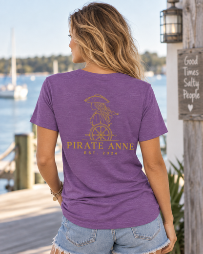 Pirate Anne Signature Logo T-Shirt – Front & Back Print; Purple & Gold