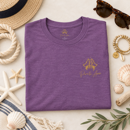 Pirate Anne Signature Logo T-Shirt – Front & Back Print; Purple & Gold