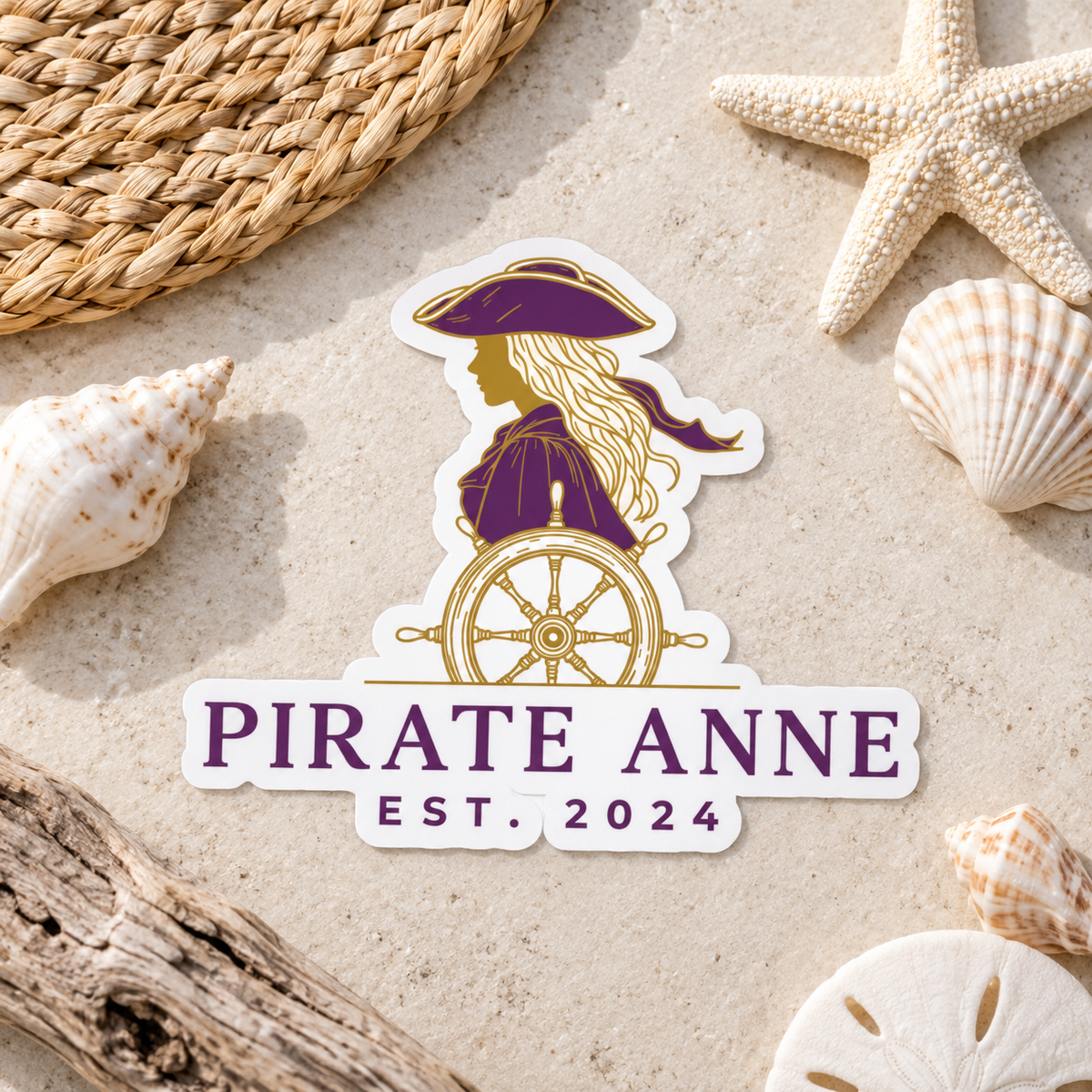 Pirate Anne Purple & Gold Kiss-Cut Sticker | Coastal Pirate Woman Decal | Nautical Laptop, Tumbler & Notebook Sticker