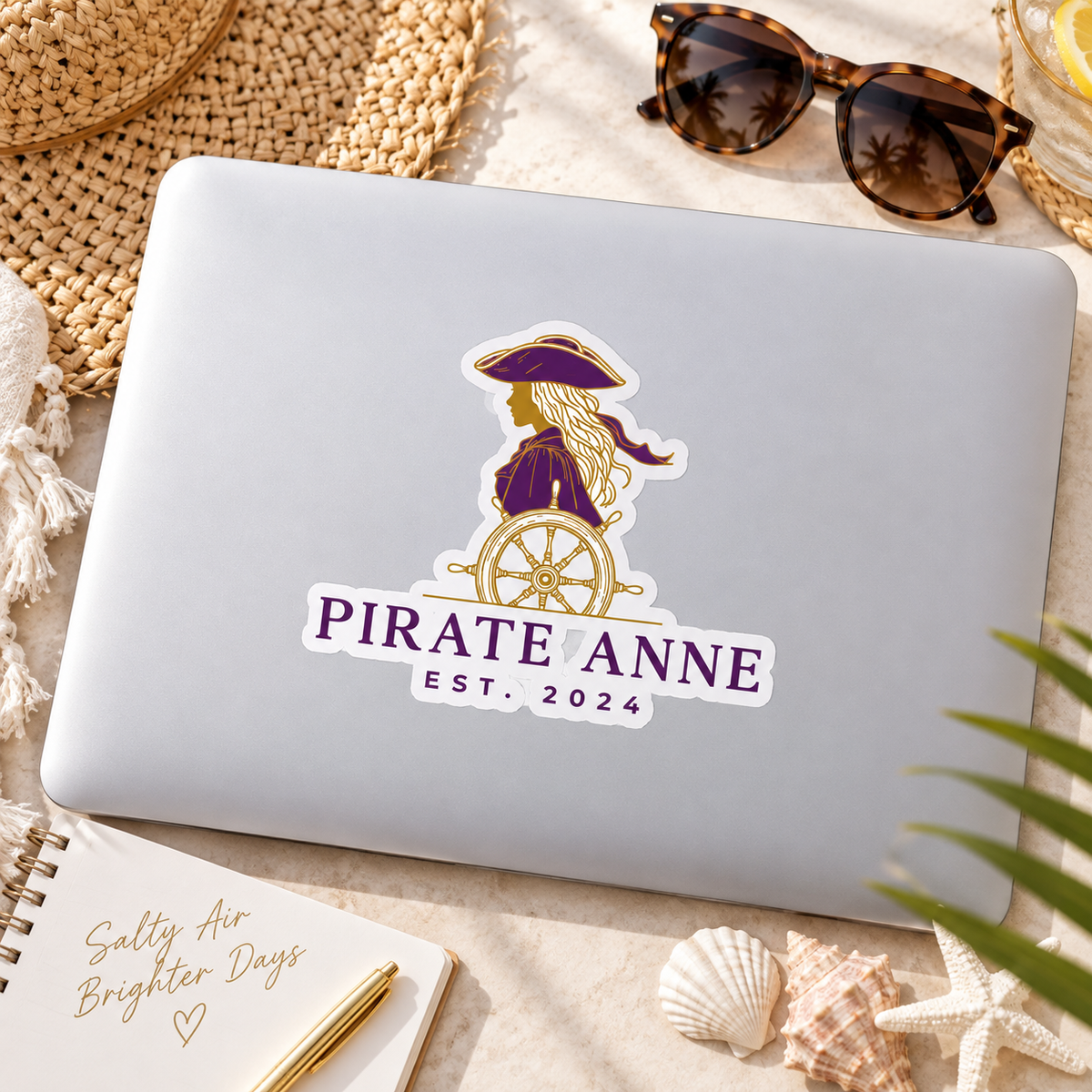 Pirate Anne Purple & Gold Kiss-Cut Sticker | Coastal Pirate Woman Decal | Nautical Laptop, Tumbler & Notebook Sticker