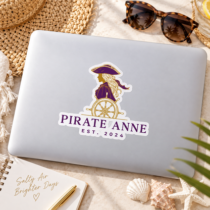 Pirate Anne Purple & Gold Kiss-Cut Sticker | Coastal Pirate Woman Decal | Nautical Laptop, Tumbler & Notebook Sticker