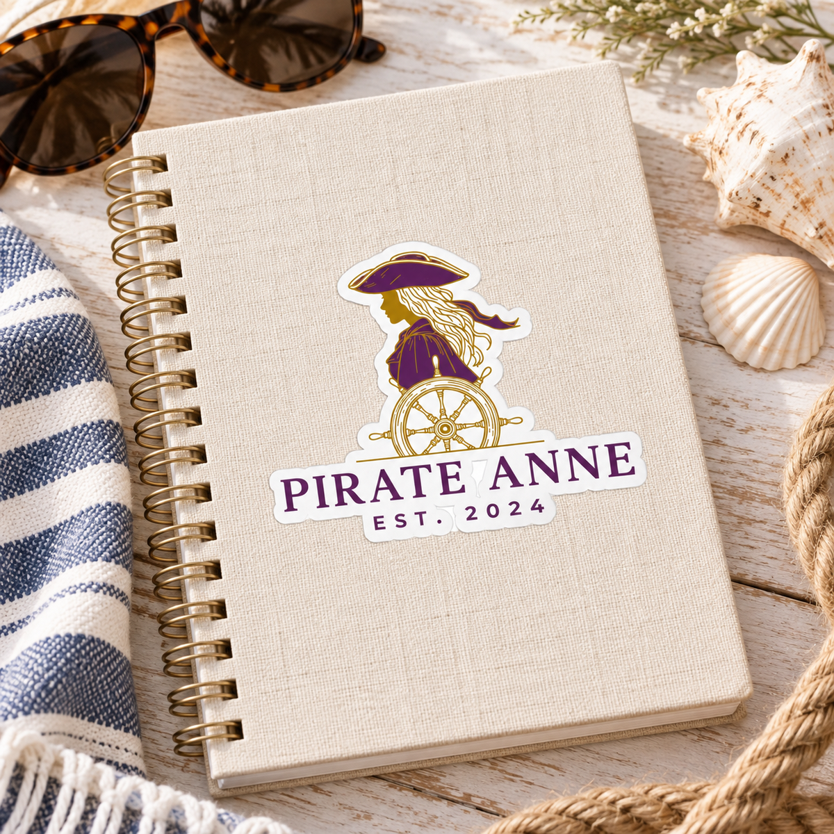 Pirate Anne Purple & Gold Kiss-Cut Sticker | Coastal Pirate Woman Decal | Nautical Laptop, Tumbler & Notebook Sticker
