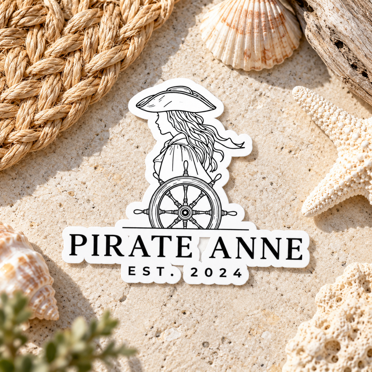 Pirate Anne Black & White Kiss-Cut Sticker | Coastal Pirate Woman Decal | Nautical Laptop, Tumbler & Notebook Sticker