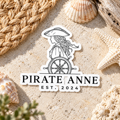Pirate Anne Black & White Kiss-Cut Sticker | Coastal Pirate Woman Decal | Nautical Laptop, Tumbler & Notebook Sticker
