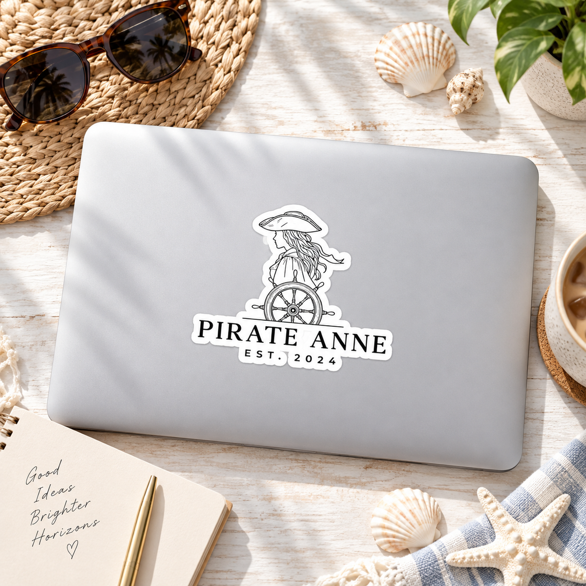 Pirate Anne Black & White Kiss-Cut Sticker | Coastal Pirate Woman Decal | Nautical Laptop, Tumbler & Notebook Sticker