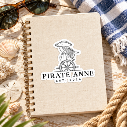 Pirate Anne Black & White Kiss-Cut Sticker | Coastal Pirate Woman Decal | Nautical Laptop, Tumbler & Notebook Sticker