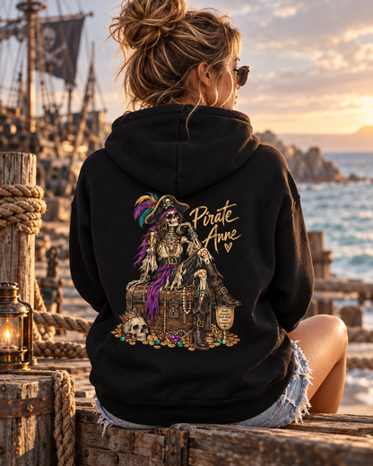 Pirate Anne Skeleton Pirate Hoodie | Women’s Coastal Pirate Sweatshirt | Treasure Chest Graphic Hoodie | Nautical Adventure Pullover