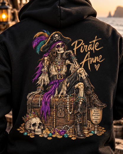 Pirate Anne Skeleton Pirate Hoodie | Women’s Coastal Pirate Sweatshirt | Treasure Chest Graphic Hoodie | Nautical Adventure Pullover