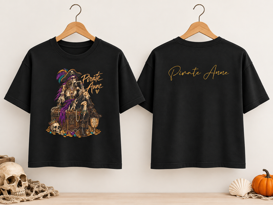Pirate Anne Skeleton Pirate Boxy Tee | October Exclusive Halloween Shirt | Women’s Coastal Pirate T-Shirt | Spooky Treasure Graphic Tee