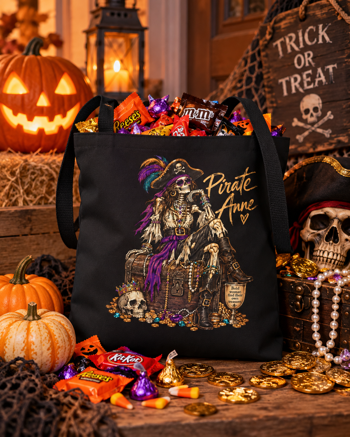 Pirate Anne Skeleton Pirate Tote Bag | Halloween Trick or Treat Bag | October Exclusive Pirate Tote | Coastal Treasure Bag