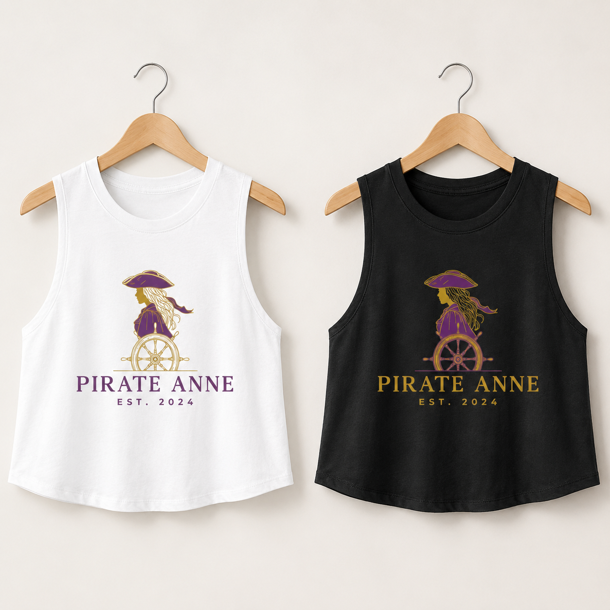 Pirate Anne Signature Logo Cropped Muscle Tank – Purple & Gold | Black or White