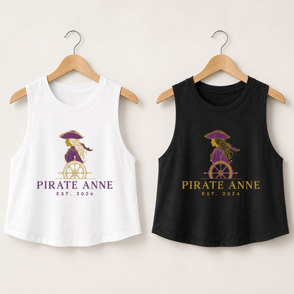 Pirate Anne Signature Logo Cropped Muscle Tank – Purple & Gold | Black or White