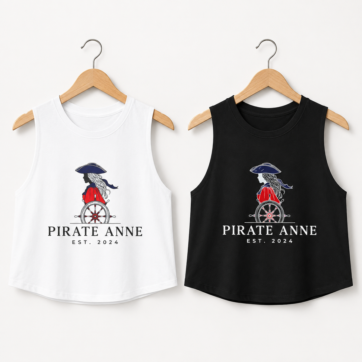 Pirate Anne Signature Logo Cropped Muscle Tank – Red, White & Blue Graphic | Black or White