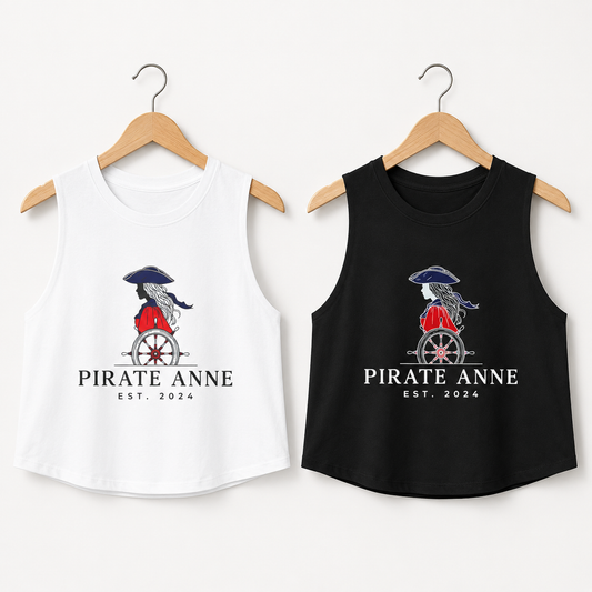 Pirate Anne Signature Logo Cropped Muscle Tank – Red, White & Blue Graphic | Black or White