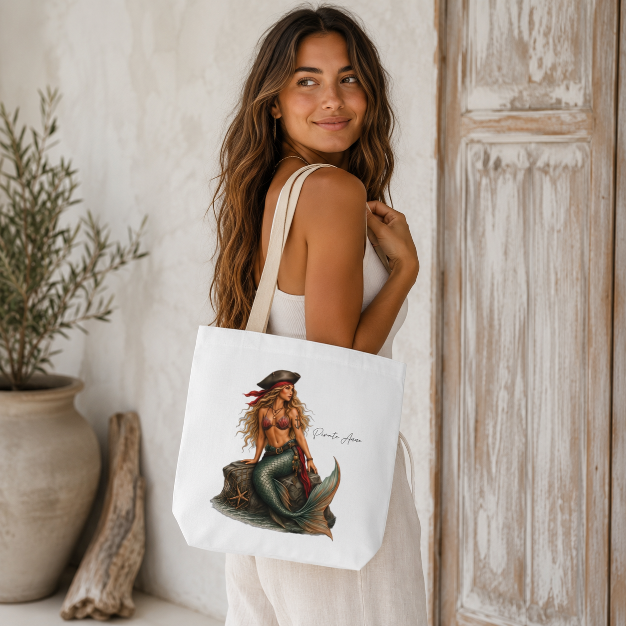 Mermaid Pirate Canvas Tote Bag — 'Pirate of the Sea' Nautical Beach Tote