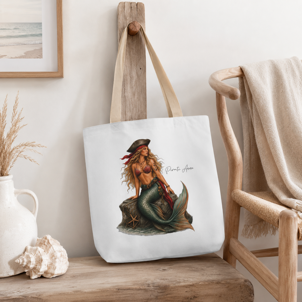 Mermaid Pirate Canvas Tote Bag — 'Pirate of the Sea' Nautical Beach Tote